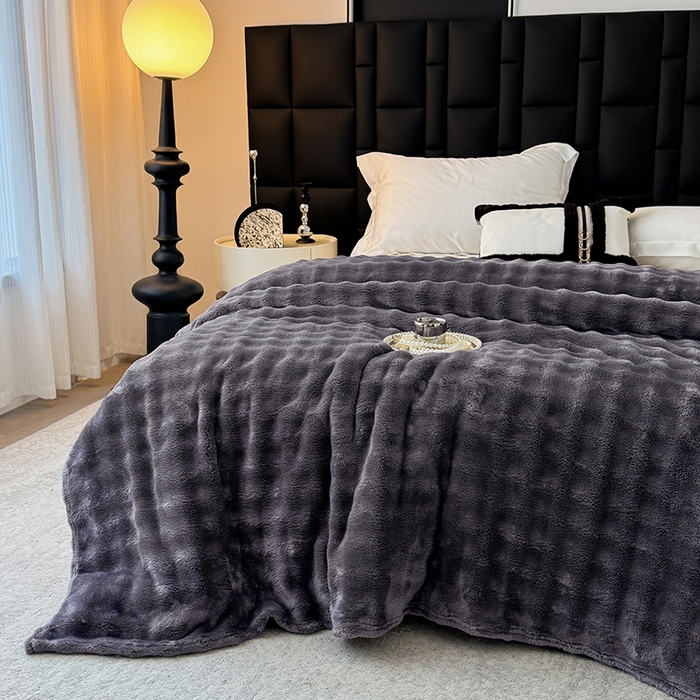 91家纺网 家纺一手货源 找家纺 乐窝家纺仓储 2025新款简约纯色泡泡毛毯毯子 泡泡纯色-深灰