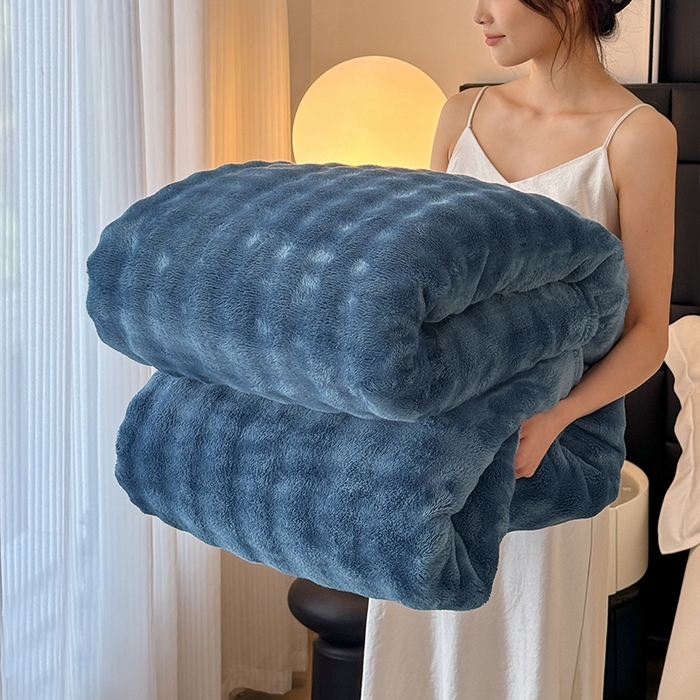 乐窝家纺仓储 2025新款简约纯色泡泡毛毯毯子 泡泡纯色-深蓝