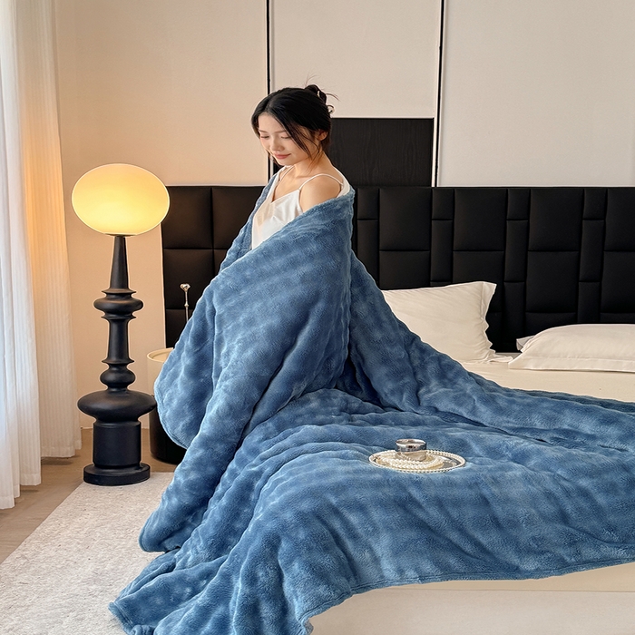 91家纺网 家纺一手货源 找家纺 乐窝家纺仓储 2025新款简约纯色泡泡毛毯毯子 泡泡纯色-深蓝