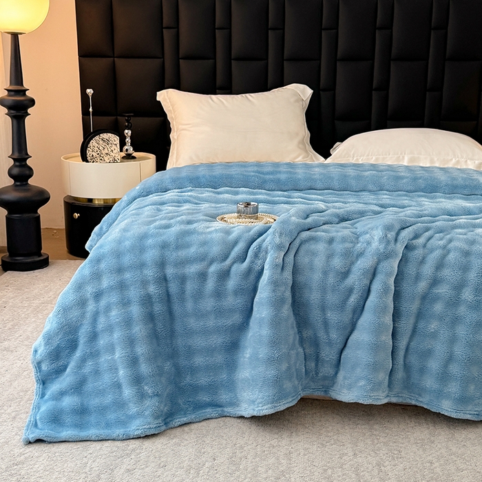 91家纺网 家纺一手货源 找家纺 乐窝家纺仓储 2025新款简约纯色泡泡毛毯毯子 泡泡纯色-天蓝