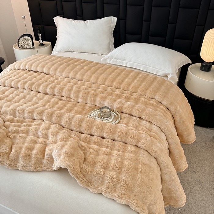 91家纺网 家纺一手货源 找家纺 乐窝家纺仓储 2025新款简约纯色泡泡毛毯毯子 泡泡纯色-驼色