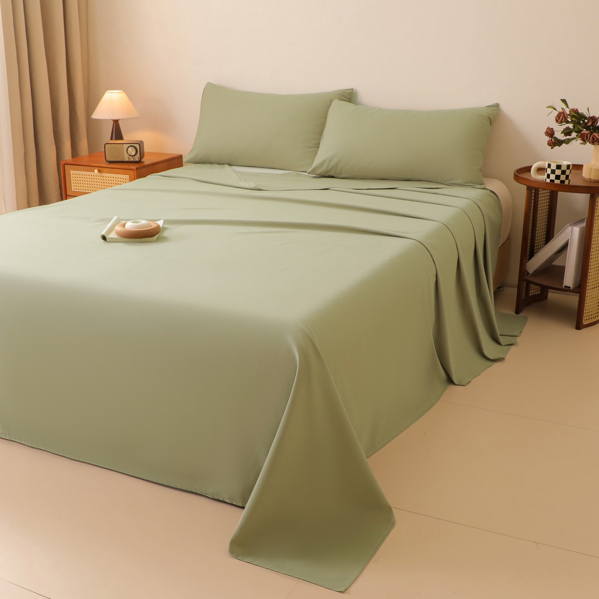 91家纺网 家纺一手货源 找家纺 寐眠 2025新款全棉磨毛床单枕套 抹茶绿