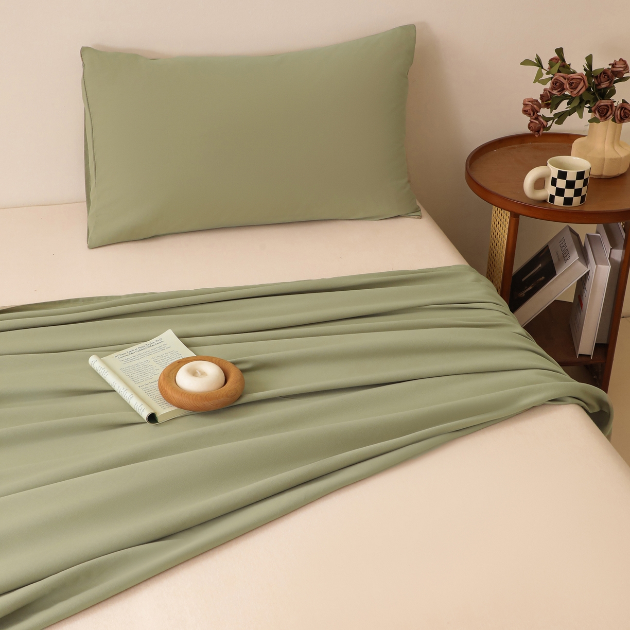 91家纺网 家纺一手货源 找家纺 寐眠 2025新款全棉磨毛床单枕套 抹茶绿