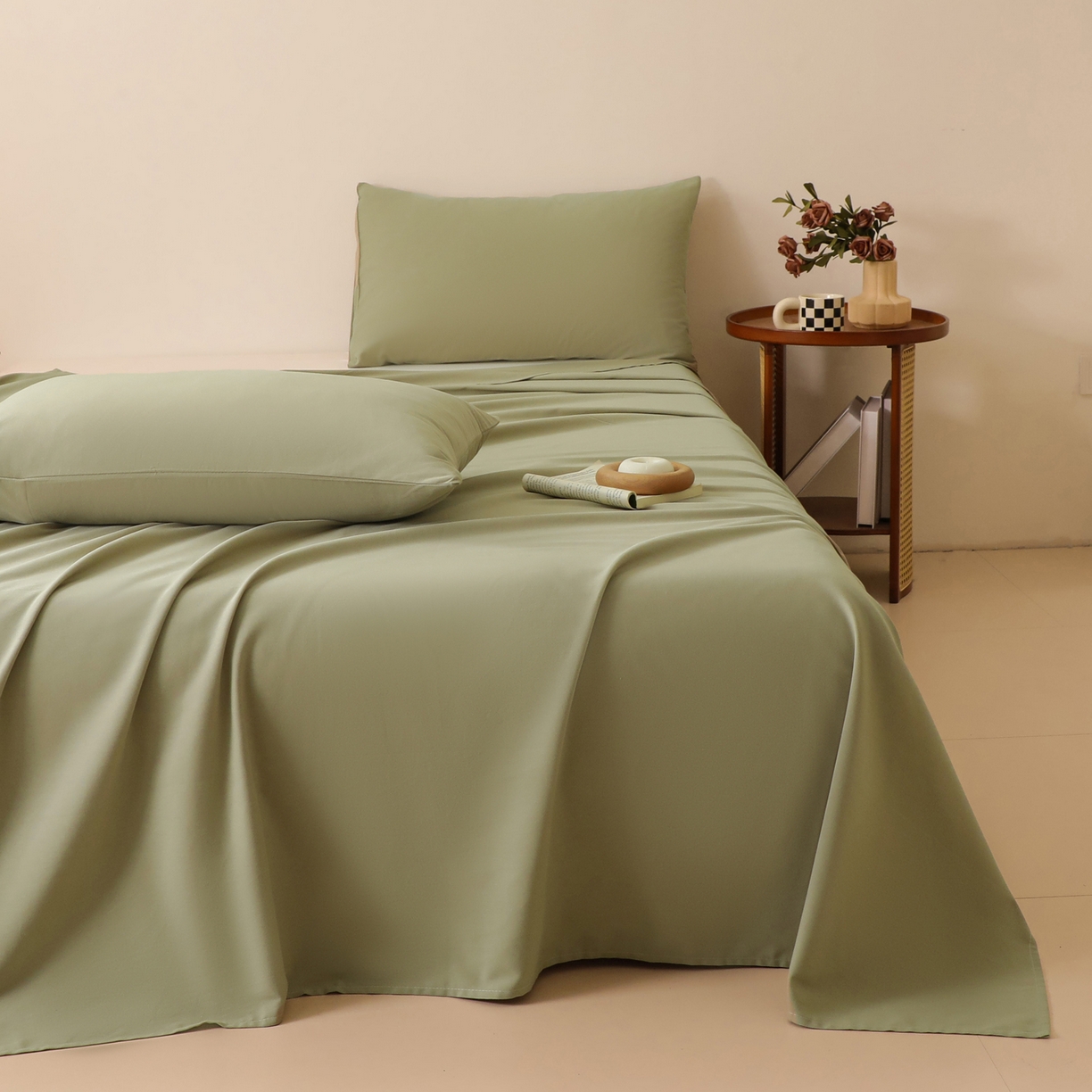 寐眠 2025新款全棉磨毛床单枕套 抹茶绿