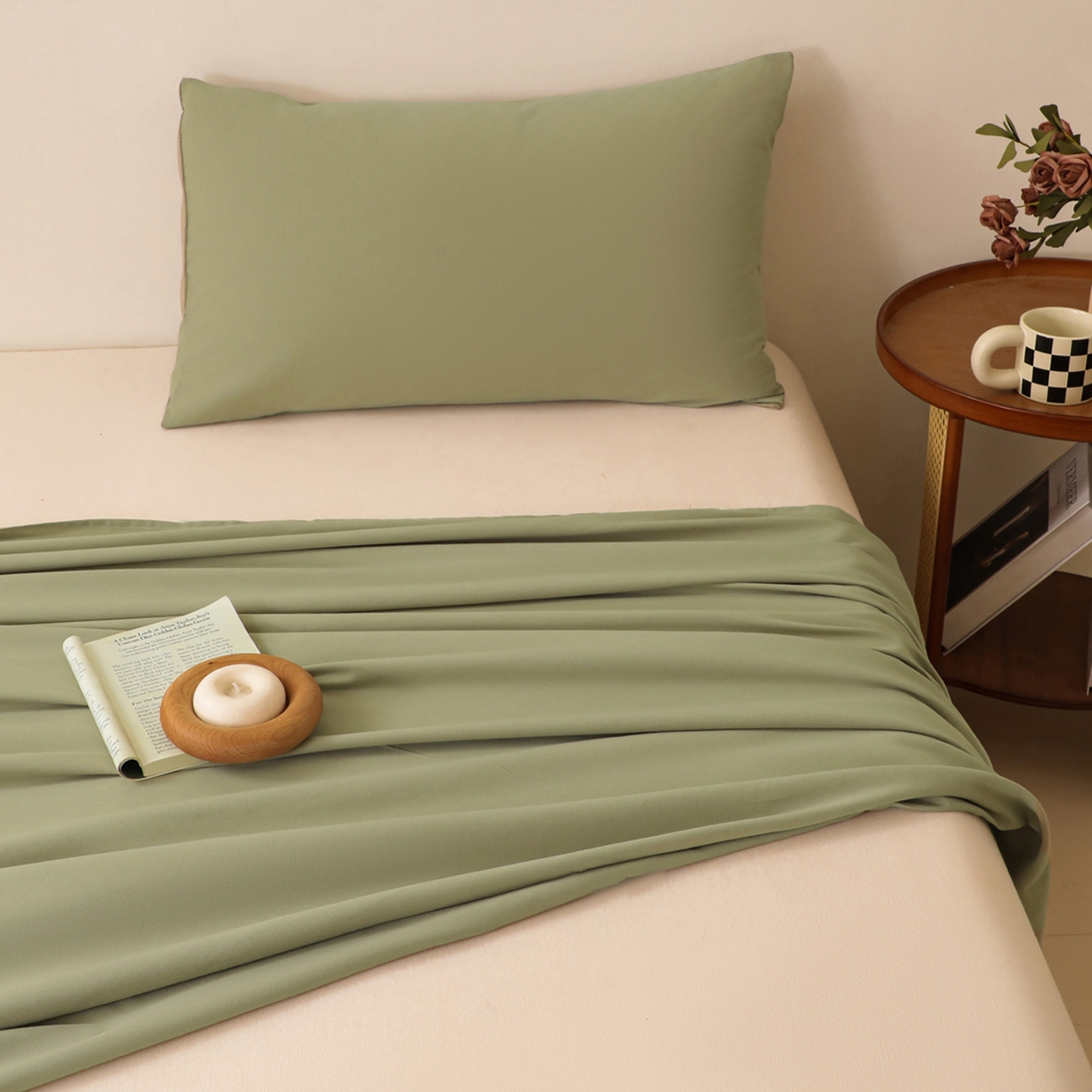 91家纺网 家纺一手货源 找家纺 寐眠 2025新款全棉磨毛床单枕套 抹茶绿
