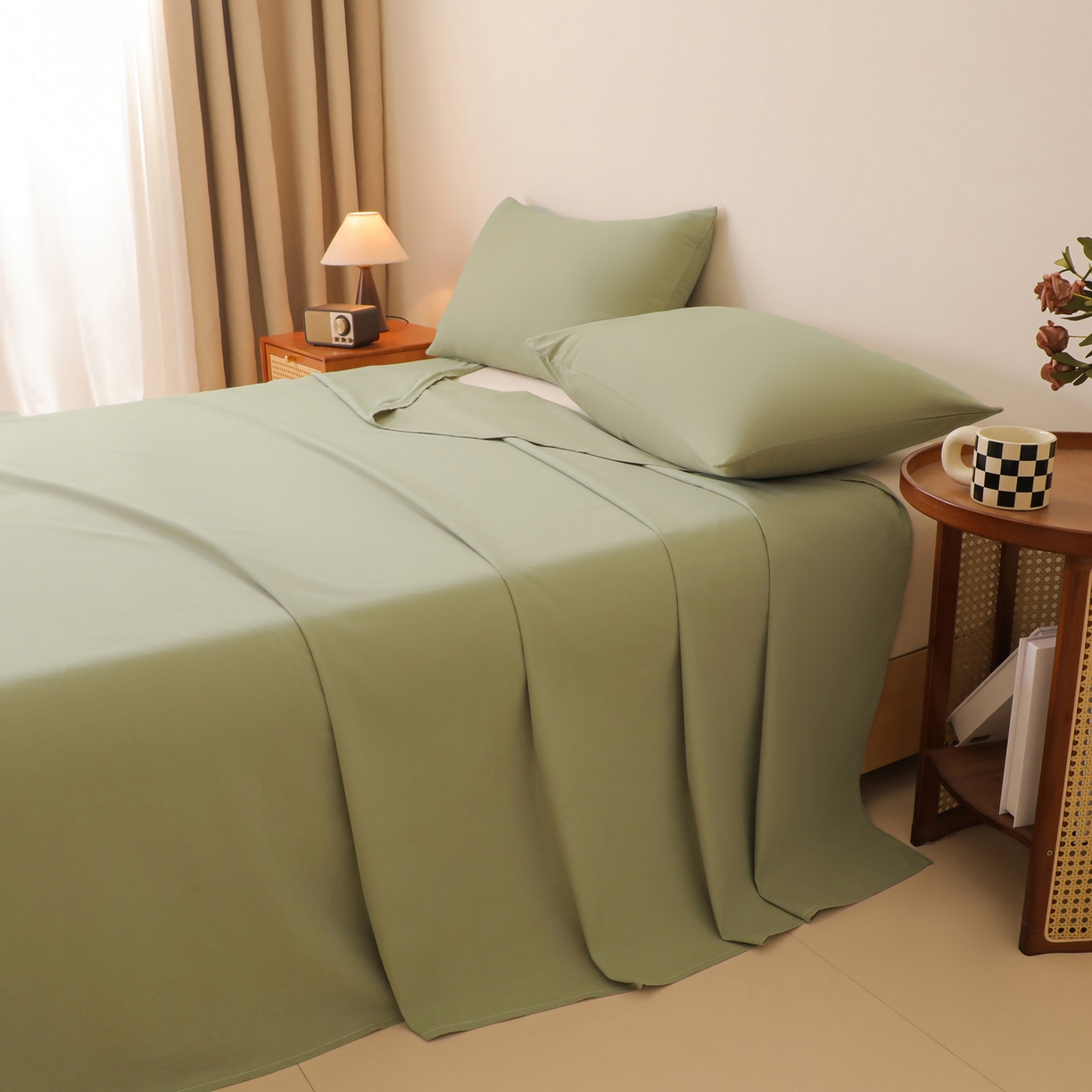 91家纺网 家纺一手货源 找家纺 寐眠 2025新款全棉磨毛床单枕套 抹茶绿