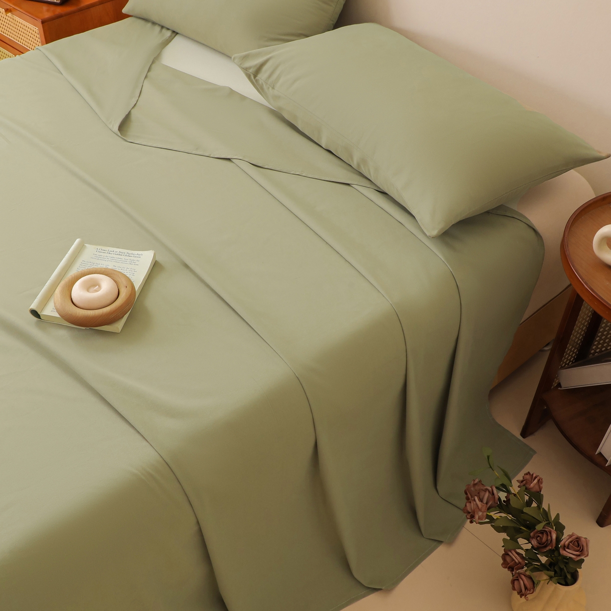 91家纺网 家纺一手货源 找家纺 寐眠 2025新款全棉磨毛床单枕套 抹茶绿