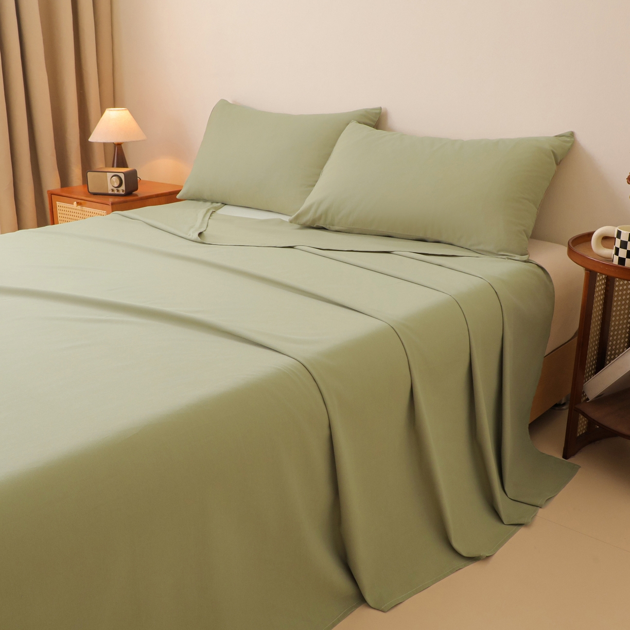 91家纺网 家纺一手货源 找家纺 寐眠 2025新款全棉磨毛床单枕套 抹茶绿