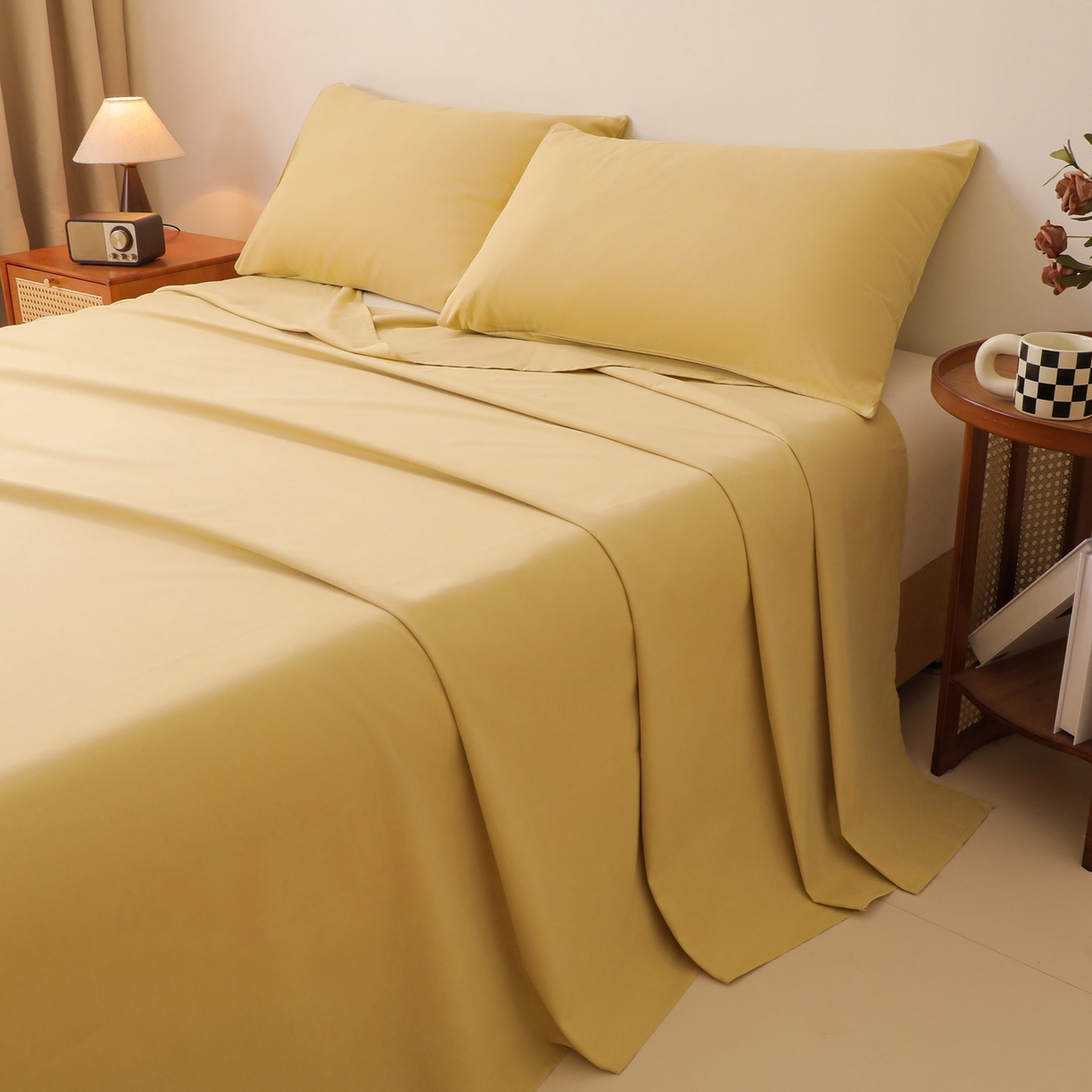 91家纺网 家纺一手货源 找家纺 寐眠 2025新款全棉磨毛床单枕套 奶油黄