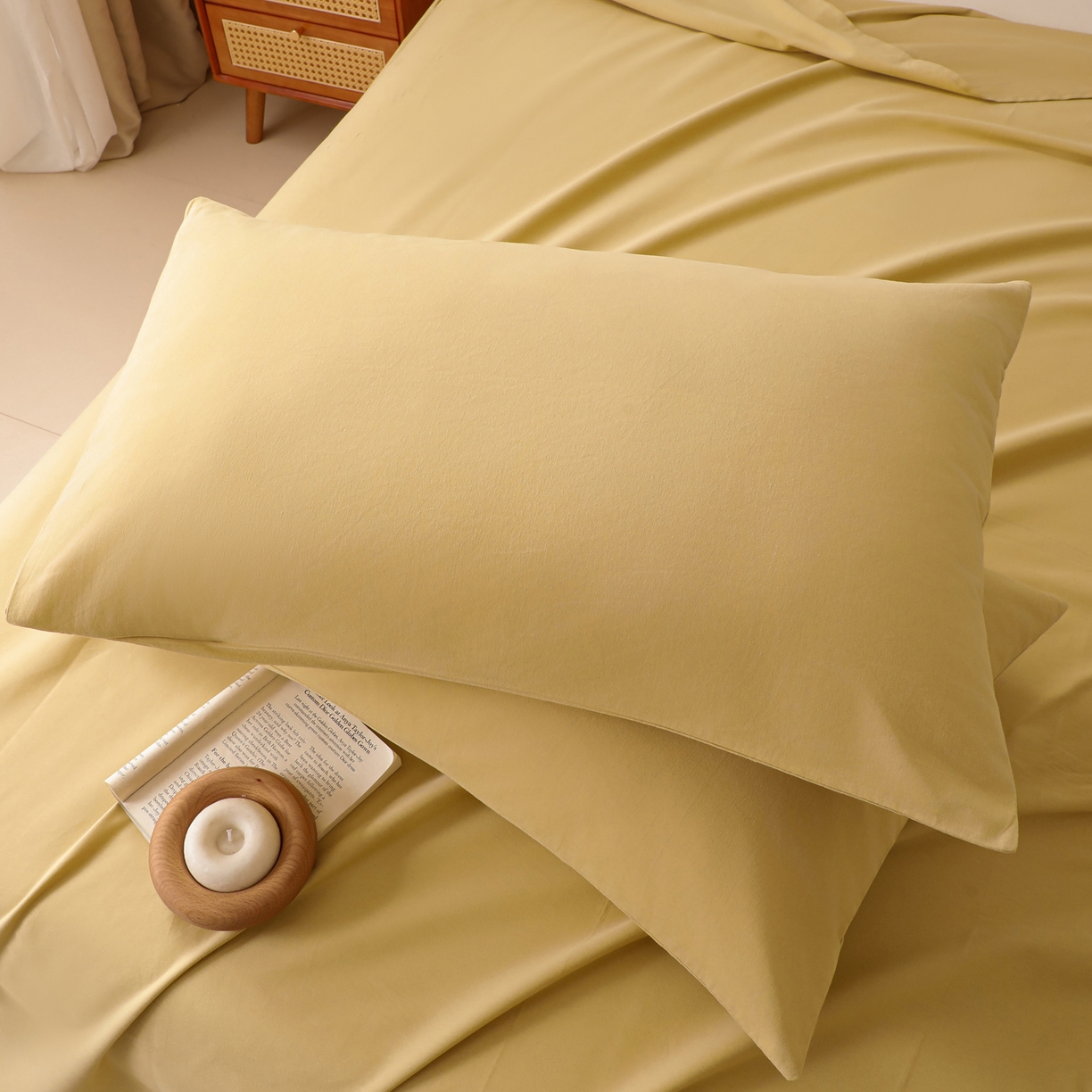 91家纺网 家纺一手货源 找家纺 寐眠 2025新款全棉磨毛床单枕套 奶油黄