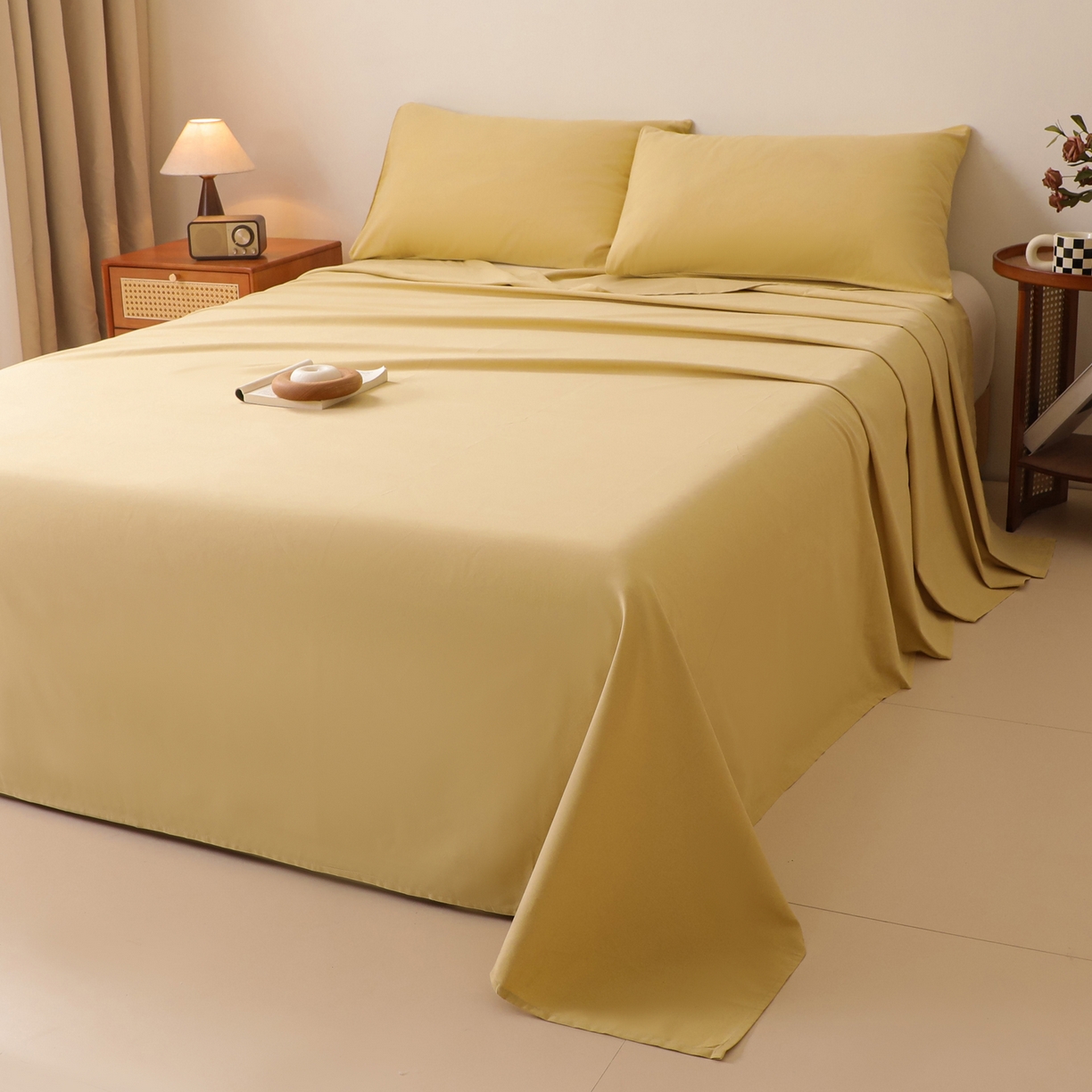 91家纺网 家纺一手货源 找家纺 寐眠 2025新款全棉磨毛床单枕套 奶油黄