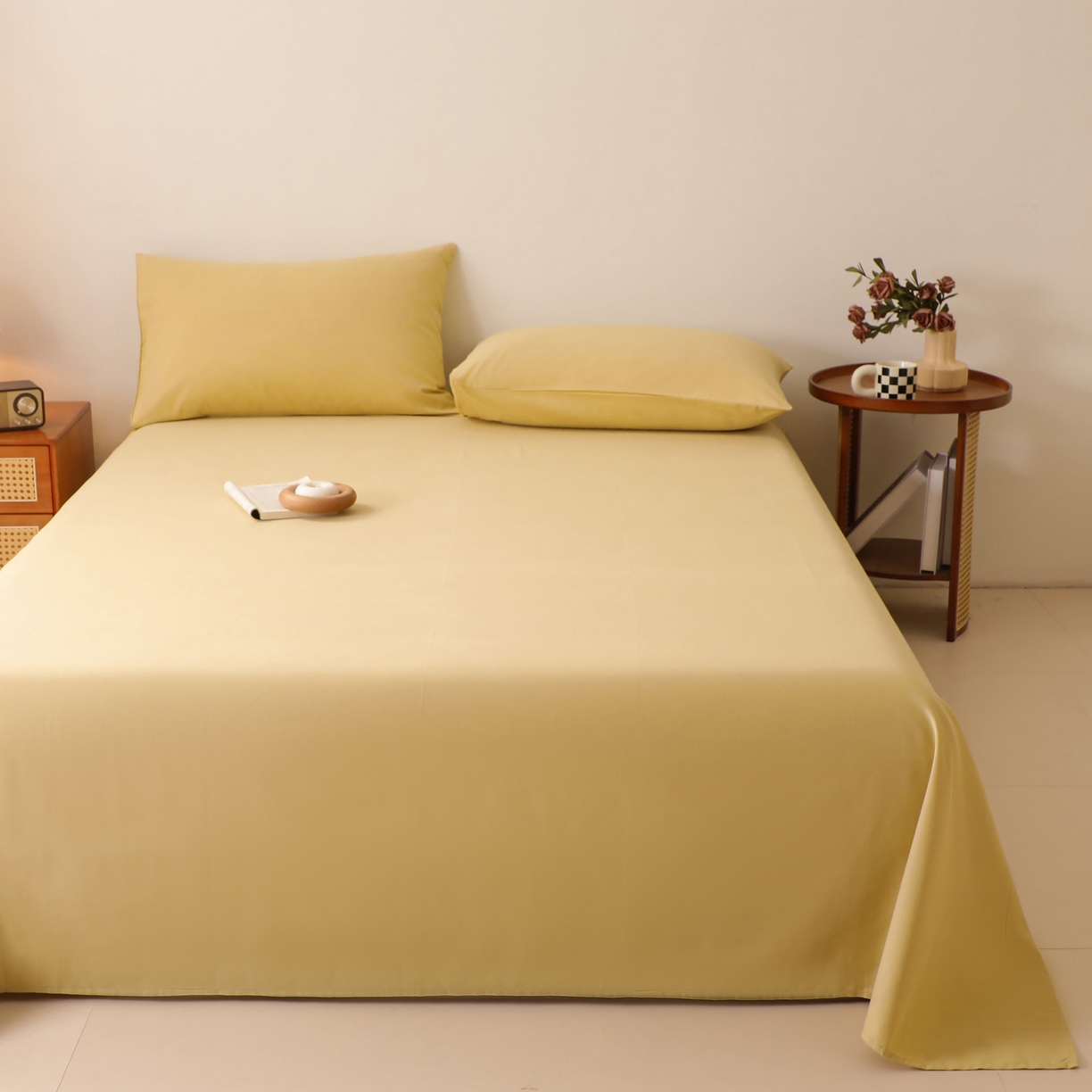 91家纺网 家纺一手货源 找家纺 寐眠 2025新款全棉磨毛床单枕套 奶油黄