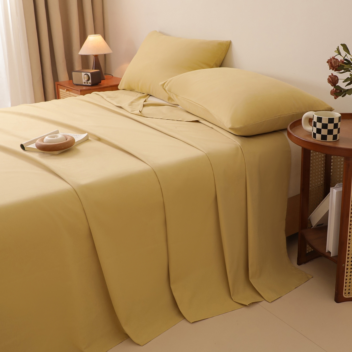 91家纺网 家纺一手货源 找家纺 寐眠 2025新款全棉磨毛床单枕套 奶油黄