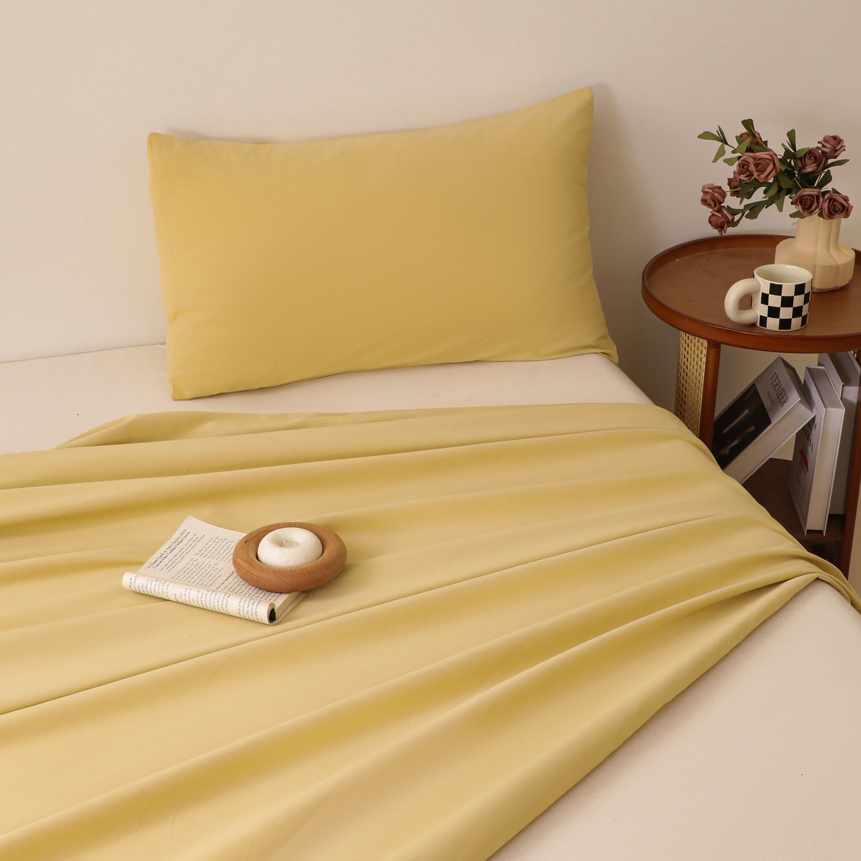 91家纺网 家纺一手货源 找家纺 寐眠 2025新款全棉磨毛床单枕套 奶油黄