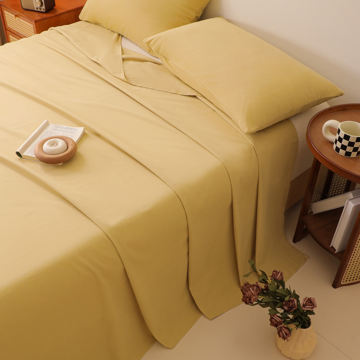 91家纺网 家纺一手货源 找家纺 寐眠 2025新款全棉磨毛床单枕套 奶油黄