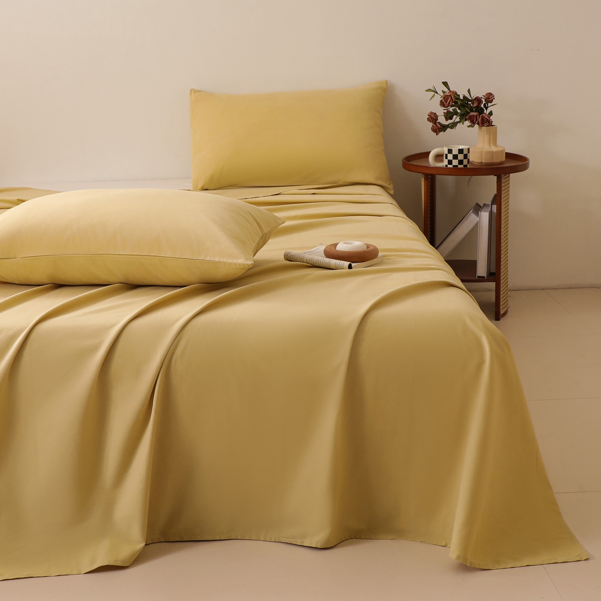 寐眠 2025新款全棉磨毛床单枕套 奶油黄