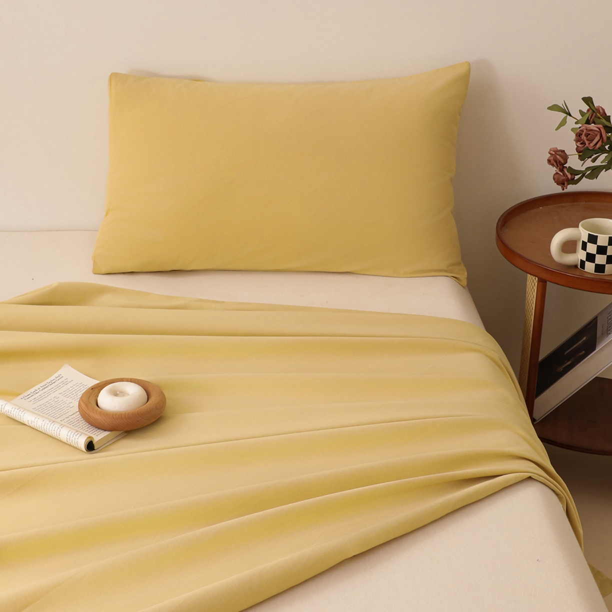 91家纺网 家纺一手货源 找家纺 寐眠 2025新款全棉磨毛床单枕套 奶油黄