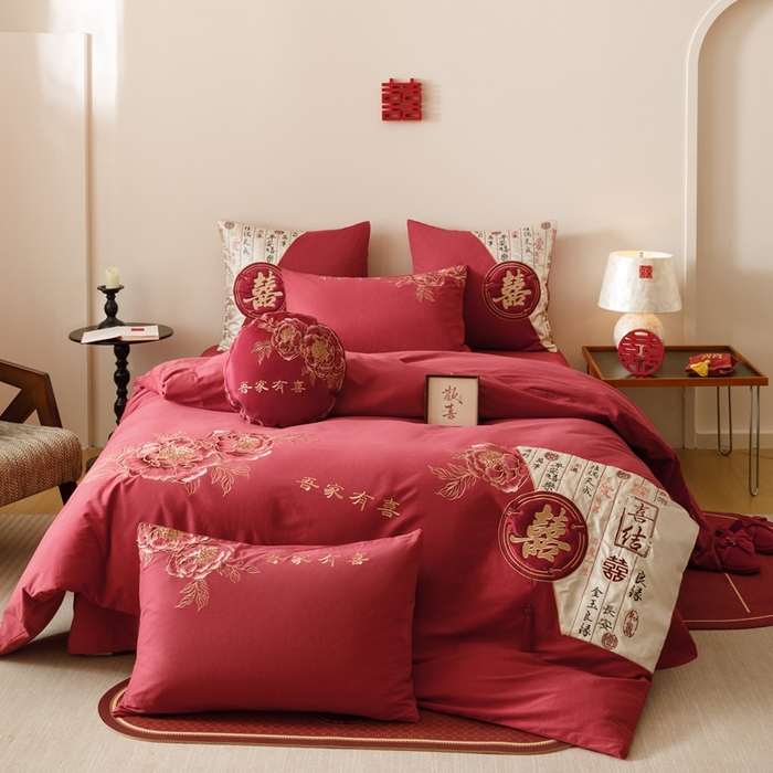 91家纺网 家纺一手货源 找家纺 （总）星野 2025新款全棉纯棉磨毛刺绣四件套-喜礼（控价券后不低于：标准388/加大408）