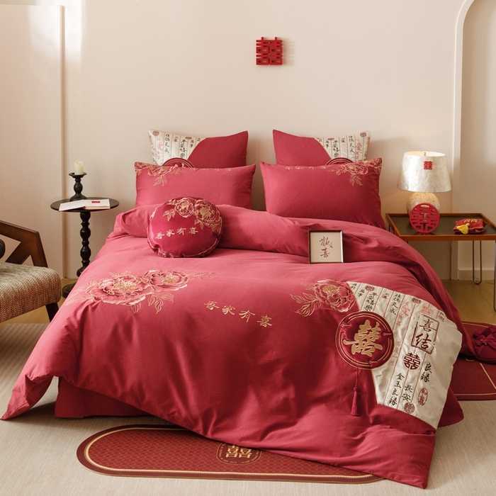 91家纺网 家纺一手货源 找家纺 （总）星野 2025新款全棉纯棉磨毛刺绣四件套-喜礼（控价券后不低于：标准388/加大408）
