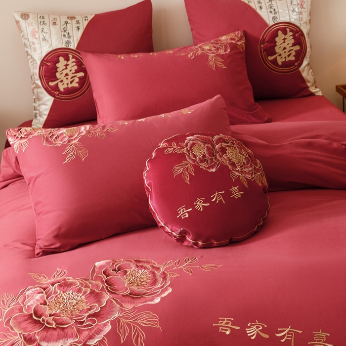 91家纺网 家纺一手货源 找家纺 （总）星野 2025新款全棉纯棉磨毛刺绣四件套-喜礼（控价券后不低于：标准388/加大408）