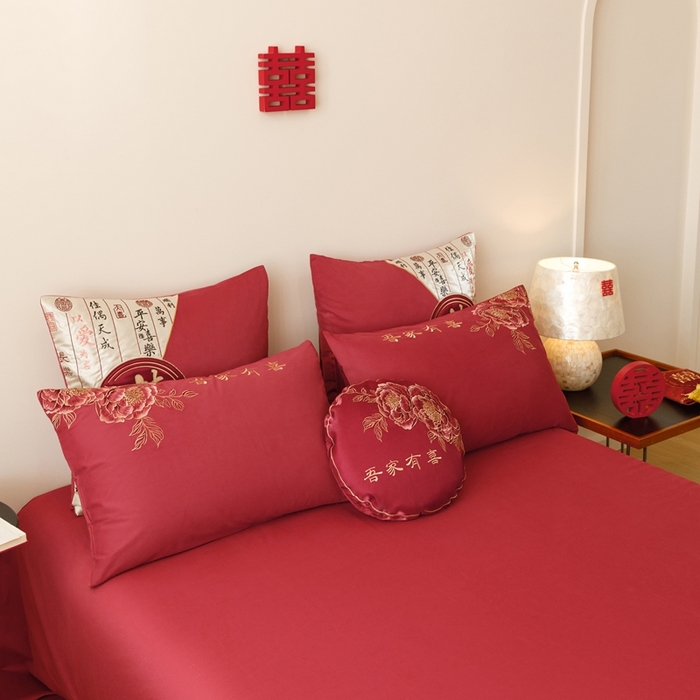 91家纺网 家纺一手货源 找家纺 （总）星野 2025新款全棉纯棉磨毛刺绣四件套-喜礼（控价券后不低于：标准388/加大408）
