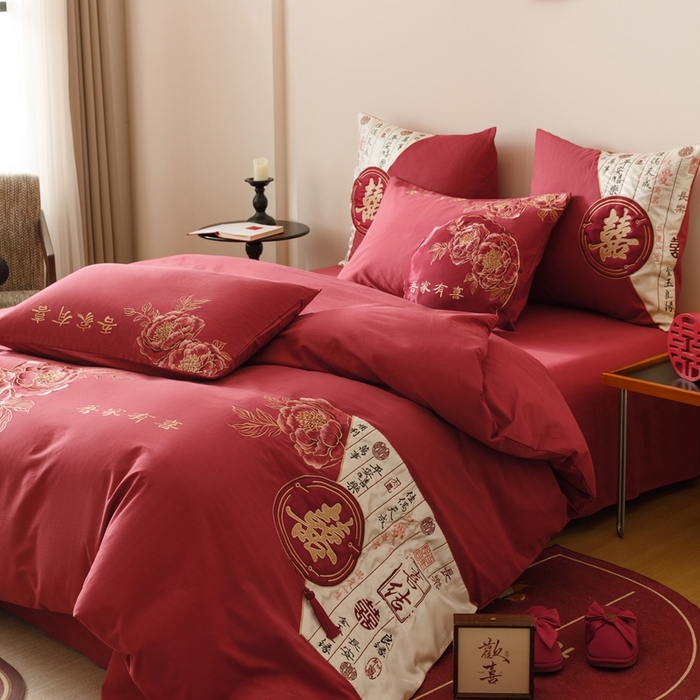 91家纺网 家纺一手货源 找家纺 （总）星野 2025新款全棉纯棉磨毛刺绣四件套-喜礼（控价券后不低于：标准388/加大408）