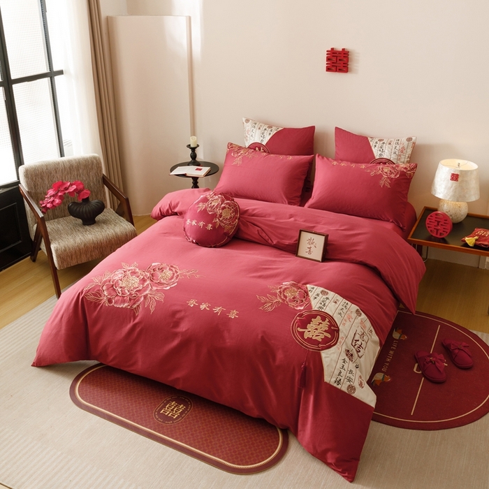 91家纺网 家纺一手货源 找家纺 （总）星野 2025新款全棉纯棉磨毛刺绣四件套-喜礼（控价券后不低于：标准388/加大408）