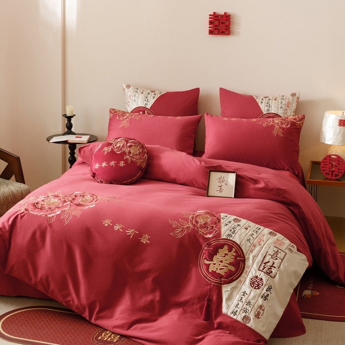 91家纺网 家纺一手货源 找家纺 （总）星野 2025新款全棉纯棉磨毛刺绣四件套-喜礼（控价券后不低于：标准388/加大408）