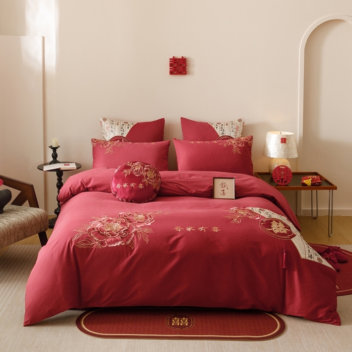 91家纺网 家纺一手货源 找家纺 （总）星野 2025新款全棉纯棉磨毛刺绣四件套-喜礼（控价券后不低于：标准388/加大408）