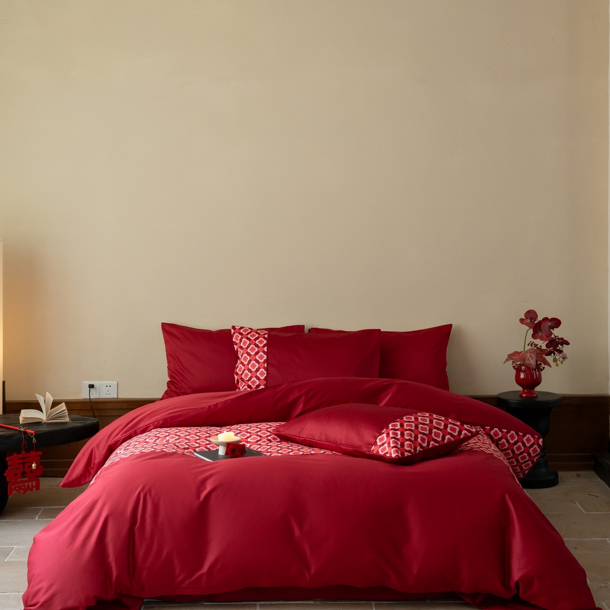 91家纺网 家纺一手货源 找家纺 （总）121 【贡缎刺绣四件套】2025新款婚庆系列定制款（婚庆系列-欢喜奢红蜜语）100S长绒棉贡缎专供厂家（会员 -20   控价标准 318 加大338）