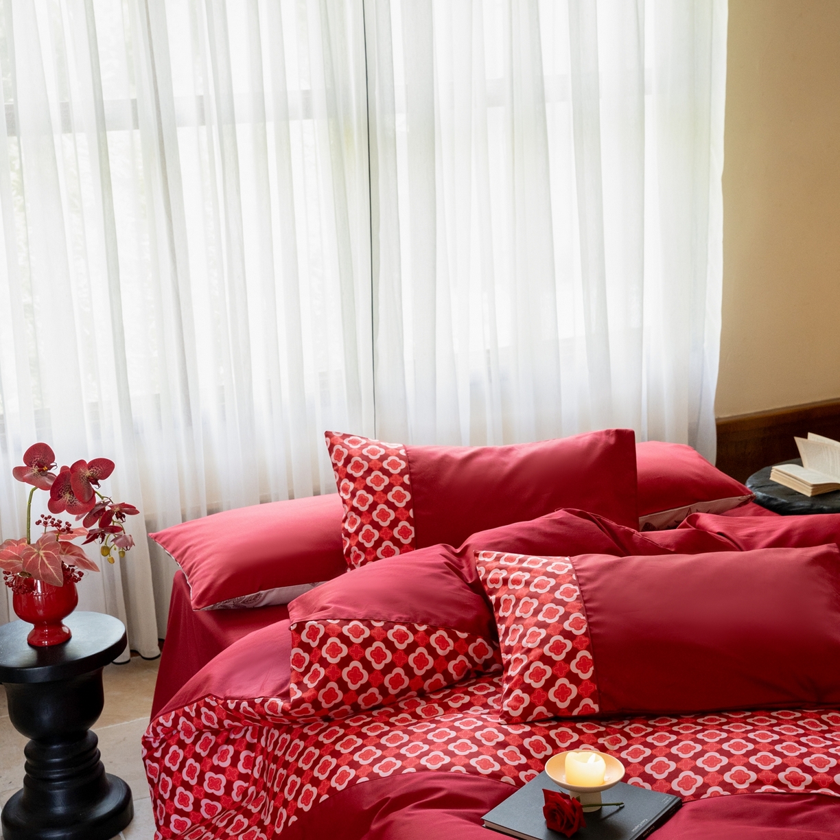 91家纺网 家纺一手货源 找家纺 （总）121 【贡缎刺绣四件套】2025新款婚庆系列定制款（婚庆系列-欢喜奢红蜜语）100S长绒棉贡缎专供厂家（会员 -20   控价标准 318 加大338）