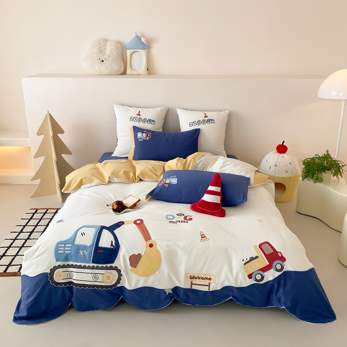 91家纺网 家纺一手货源 找家纺 （总）星野 2025新款全棉纯棉磨毛刺绣四件套-翻斗车日记（控价券后不低于：小号348/标准378）