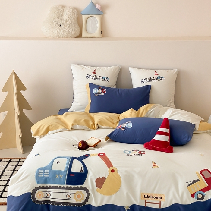 91家纺网 家纺一手货源 找家纺 （总）星野 2025新款全棉纯棉磨毛刺绣四件套-翻斗车日记（控价券后不低于：小号348/标准378）