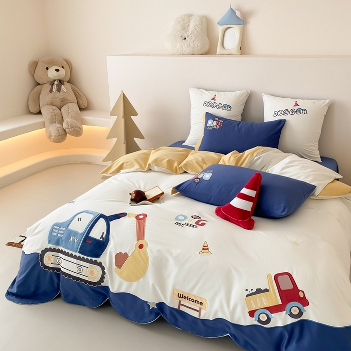 91家纺网 家纺一手货源 找家纺 （总）星野 2025新款全棉纯棉磨毛刺绣四件套-翻斗车日记（控价券后不低于：小号348/标准378）