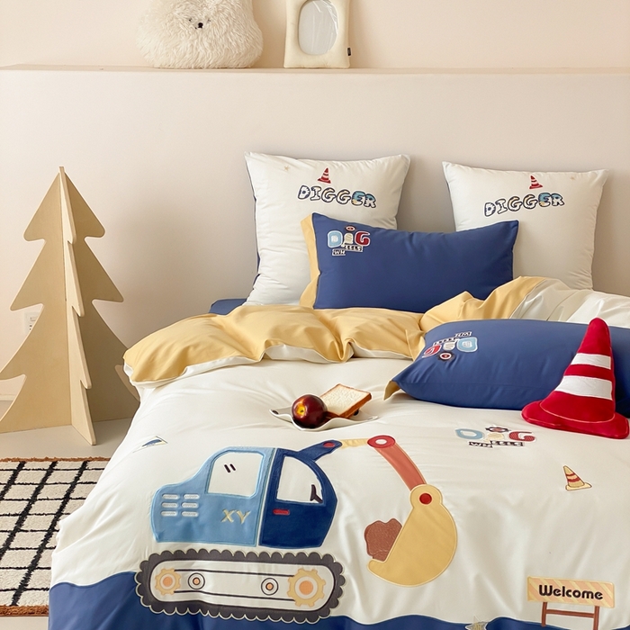 91家纺网 家纺一手货源 找家纺 （总）星野 2025新款全棉纯棉磨毛刺绣四件套-翻斗车日记（控价券后不低于：小号348/标准378）