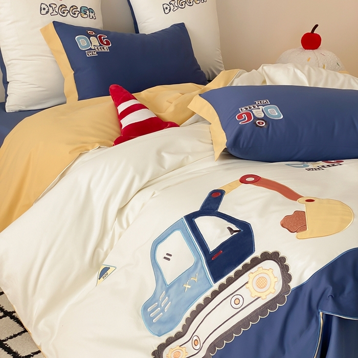 91家纺网 家纺一手货源 找家纺 （总）星野 2025新款全棉纯棉磨毛刺绣四件套-翻斗车日记（控价券后不低于：小号348/标准378）