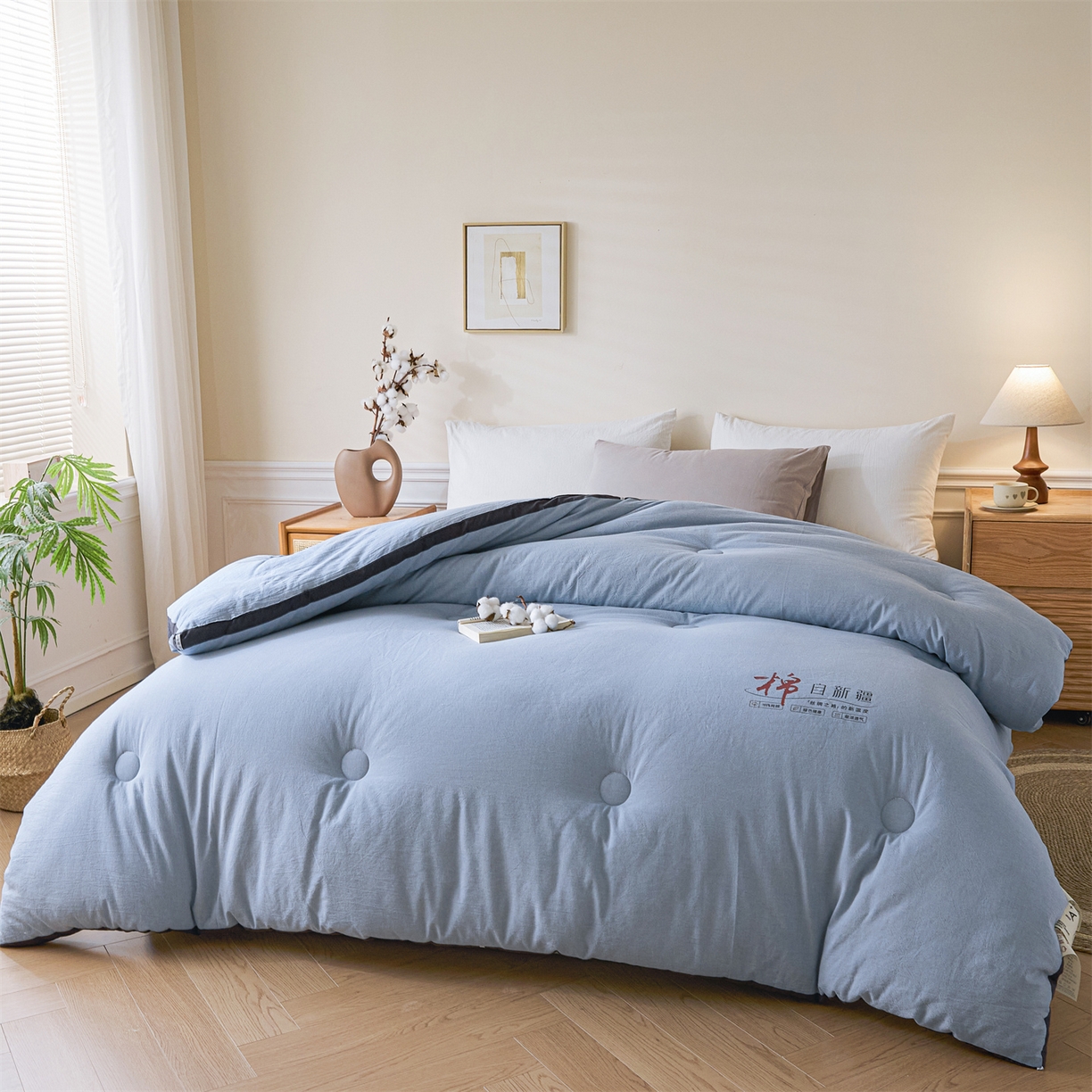 91家纺网 家纺一手货源 找家纺 创优（专版烫画.翻版必究）2025新款立体棉花被100%新疆棉棉花被春秋被冬被子被芯四季被 棉自新疆-浅蓝