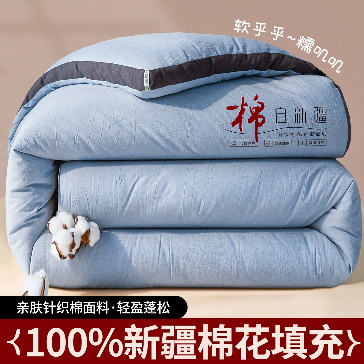 91家纺网 家纺一手货源 找家纺 创优（专版烫画.翻版必究）2025新款立体棉花被100%新疆棉棉花被春秋被冬被子被芯四季被 棉自新疆-浅蓝
