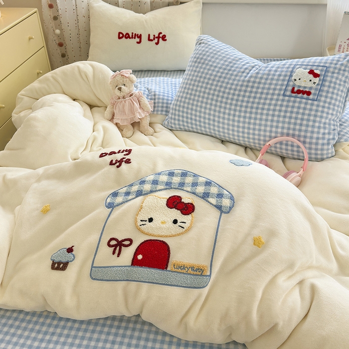 91家纺网 家纺一手货源 找家纺 星禾优选 2025新款高克重牛奶绒毛巾绣四件套 屋顶有猫