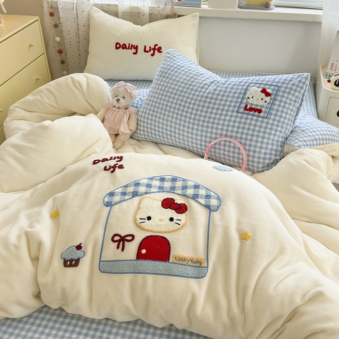 91家纺网 家纺一手货源 找家纺 星禾优选 2025新款高克重牛奶绒毛巾绣四件套 屋顶有猫