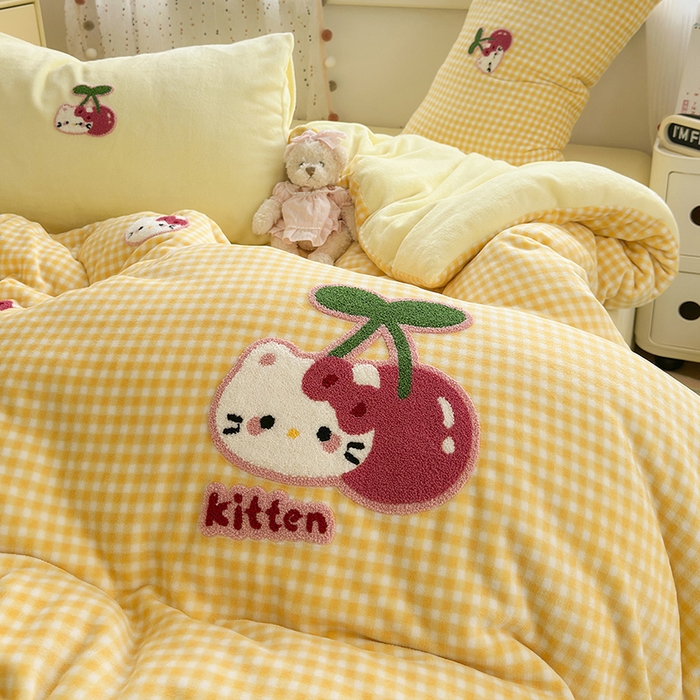 91家纺网 家纺一手货源 找家纺 星禾优选 2025新款高克重牛奶绒毛巾绣四件套 樱桃黄猫