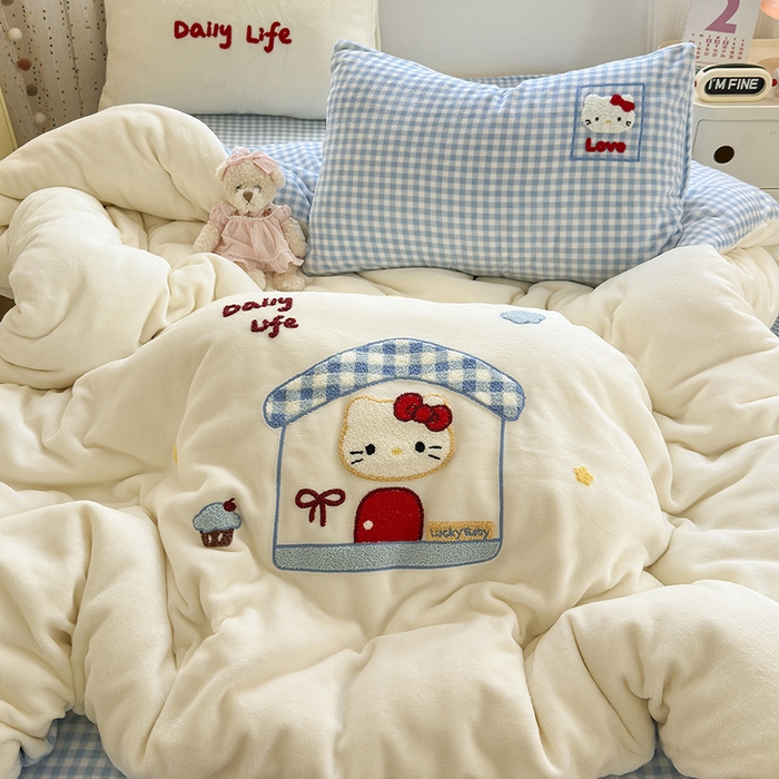 91家纺网 家纺一手货源 找家纺 星禾优选 2025新款高克重牛奶绒毛巾绣四件套 屋顶有猫