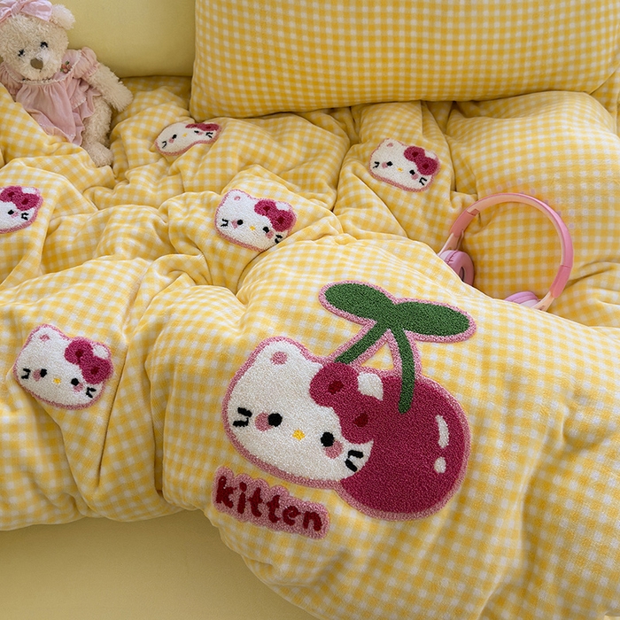 91家纺网 家纺一手货源 找家纺 星禾优选 2025新款高克重牛奶绒毛巾绣四件套 樱桃黄猫