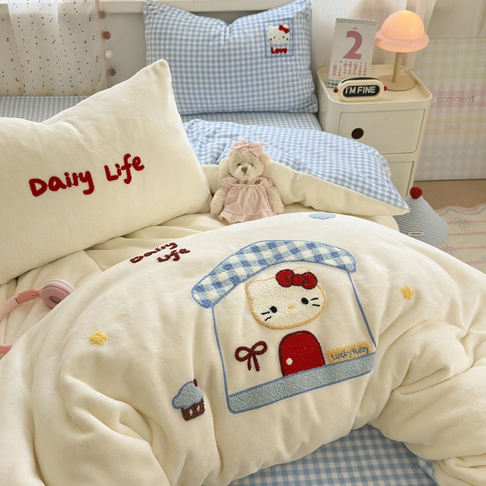 91家纺网 家纺一手货源 找家纺 星禾优选 2025新款高克重牛奶绒毛巾绣四件套 屋顶有猫