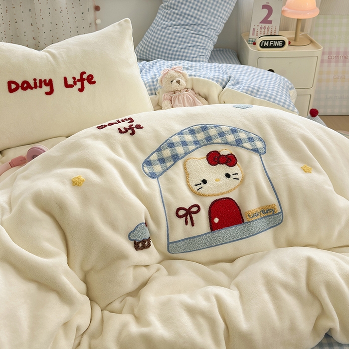 91家纺网 家纺一手货源 找家纺 星禾优选 2025新款高克重牛奶绒毛巾绣四件套 屋顶有猫