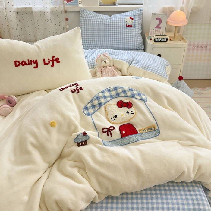 91家纺网 家纺一手货源 找家纺 星禾优选 2025新款高克重牛奶绒毛巾绣四件套 屋顶有猫