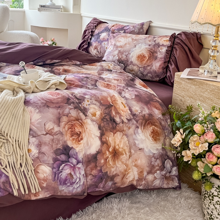 91家纺网 家纺一手货源 找家纺 棠颂家纺 2025新款法式锦棉缎数码印花四件套 霓裳