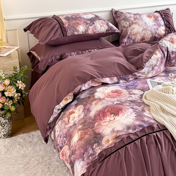 91家纺网 家纺一手货源 找家纺 棠颂家纺 2025新款法式锦棉缎数码印花四件套 霓裳