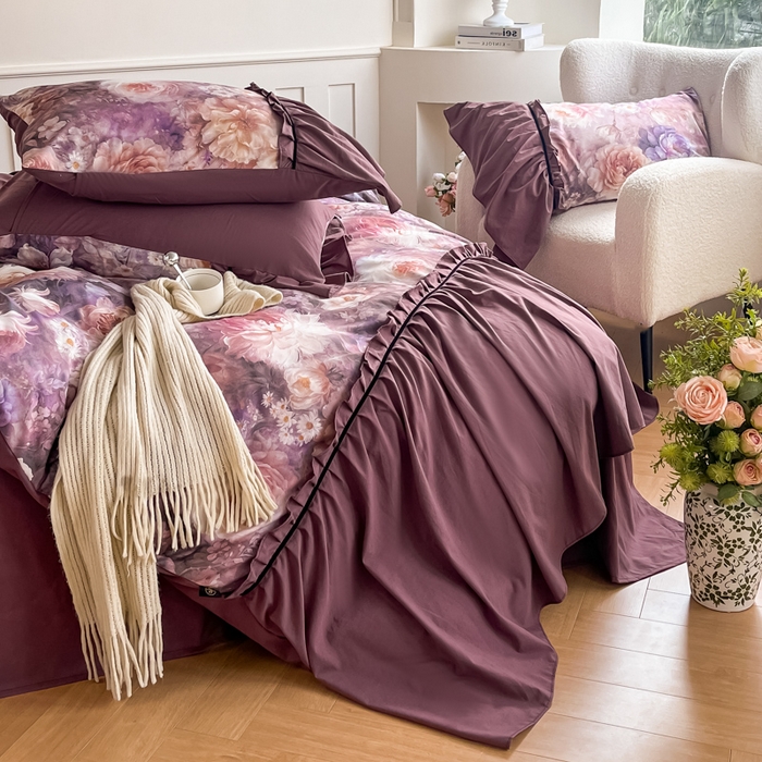 91家纺网 家纺一手货源 找家纺 棠颂家纺 2025新款法式锦棉缎数码印花四件套 霓裳