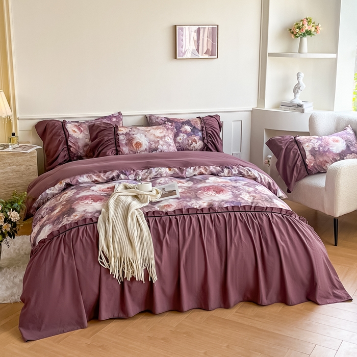 91家纺网 家纺一手货源 找家纺 棠颂家纺 2025新款法式锦棉缎数码印花四件套 霓裳